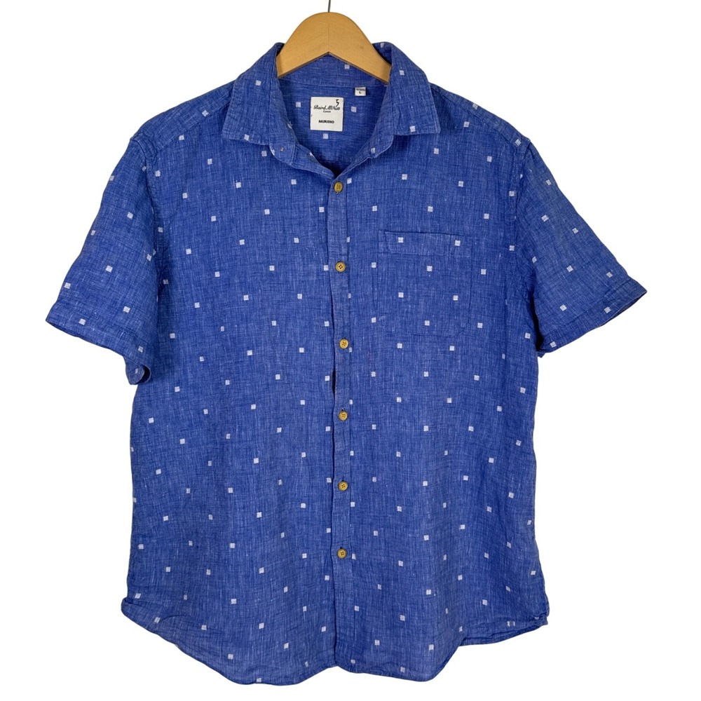 Baird McNutt Linen Mens Large Blue‎ Square Print Short Sleeve Button Up